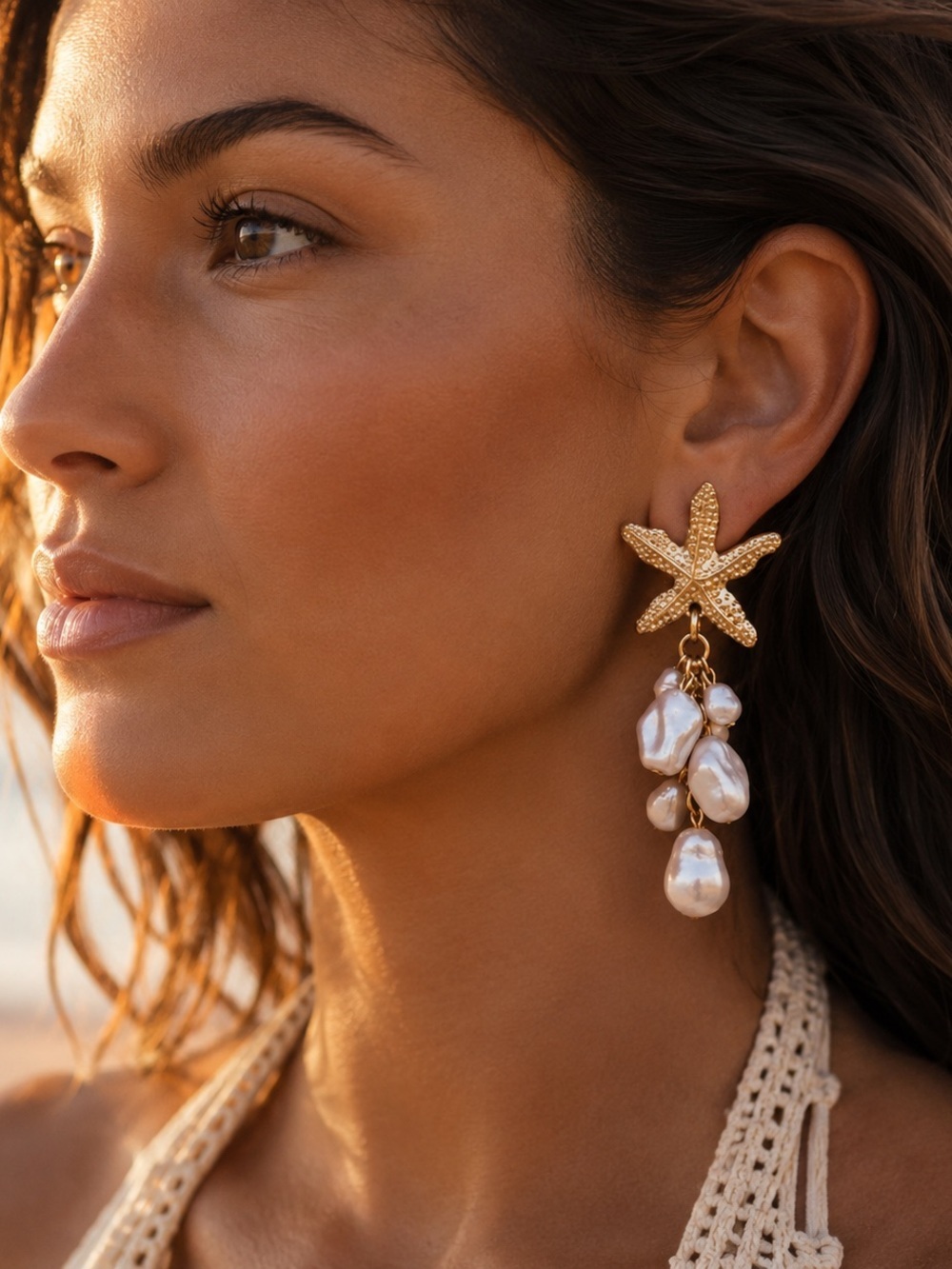 Gold Starfish Pearl Drop Earrings